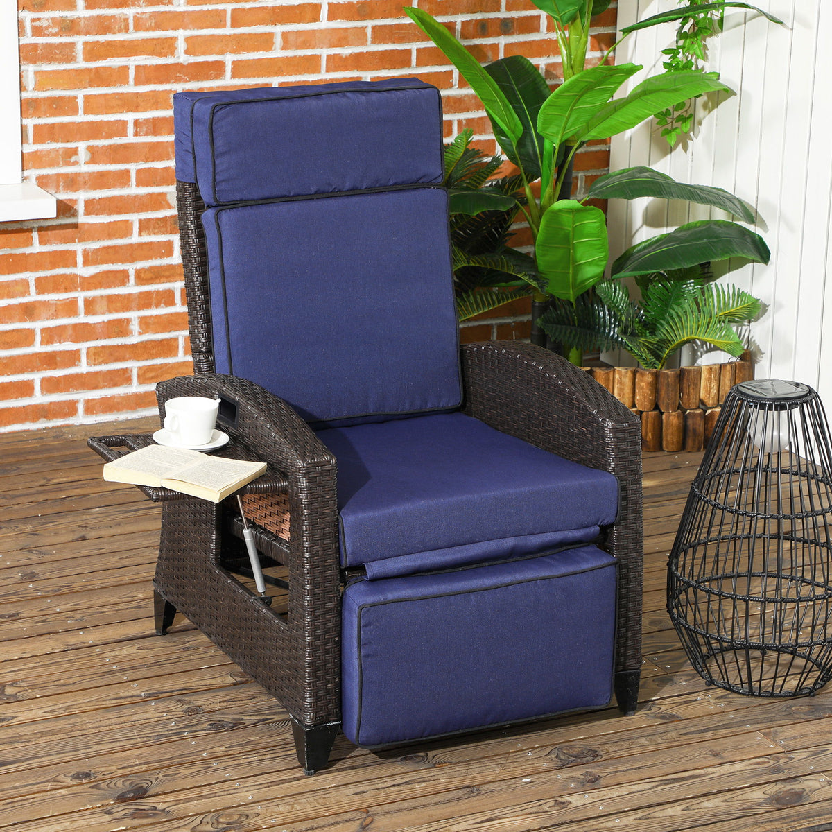 Outdoor Recliner Chair with Adjustable Backrest, Cushion, Side Tray, Blue