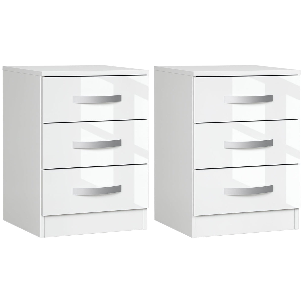 High Gloss Nightstands Set of 2 with 3 Drawers - White