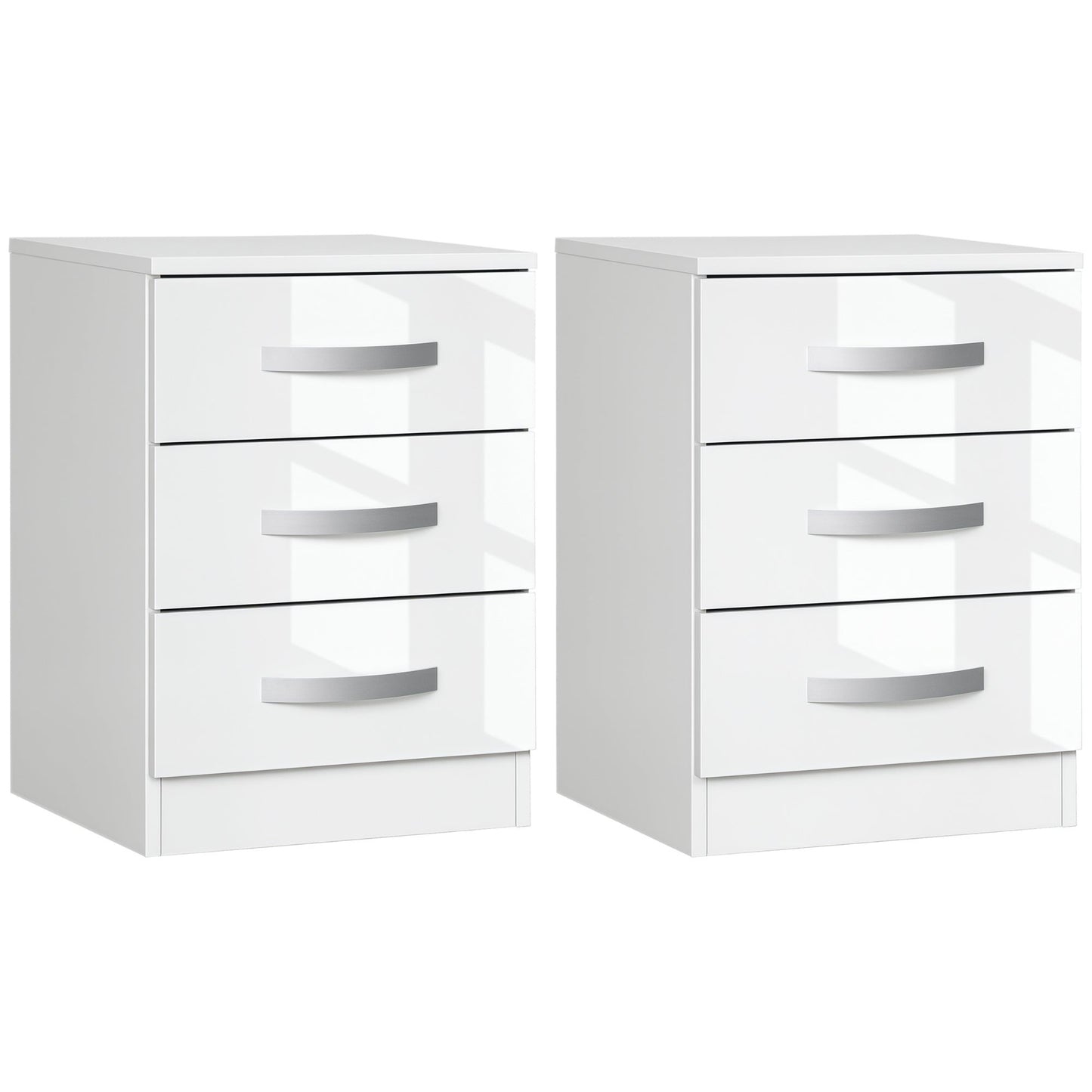 High Gloss Nightstands Set of 2 with 3 Drawers - White