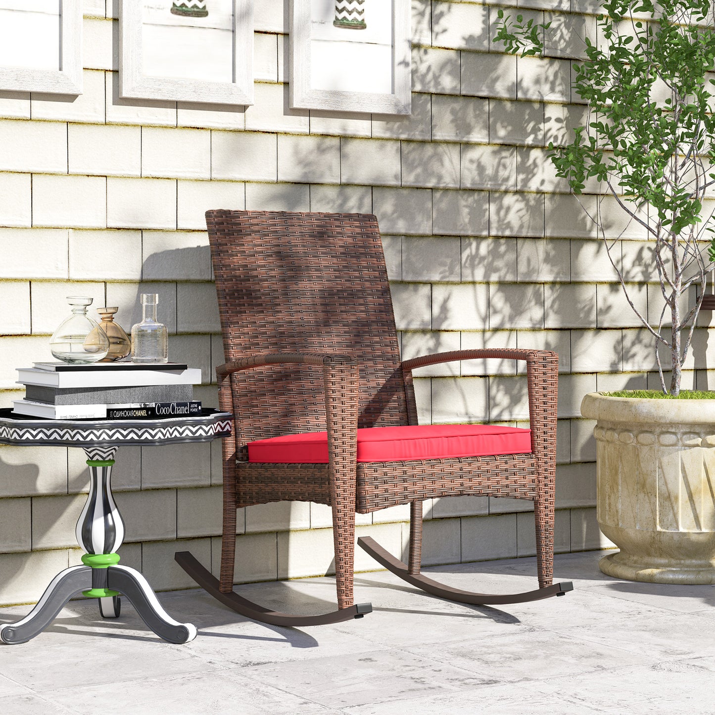 Outdoor PE Rattan Rocking Chair, Garden Glider Rocking Chair, Wicker Patio Chair Set with Armrest and Cushion, Wine Red