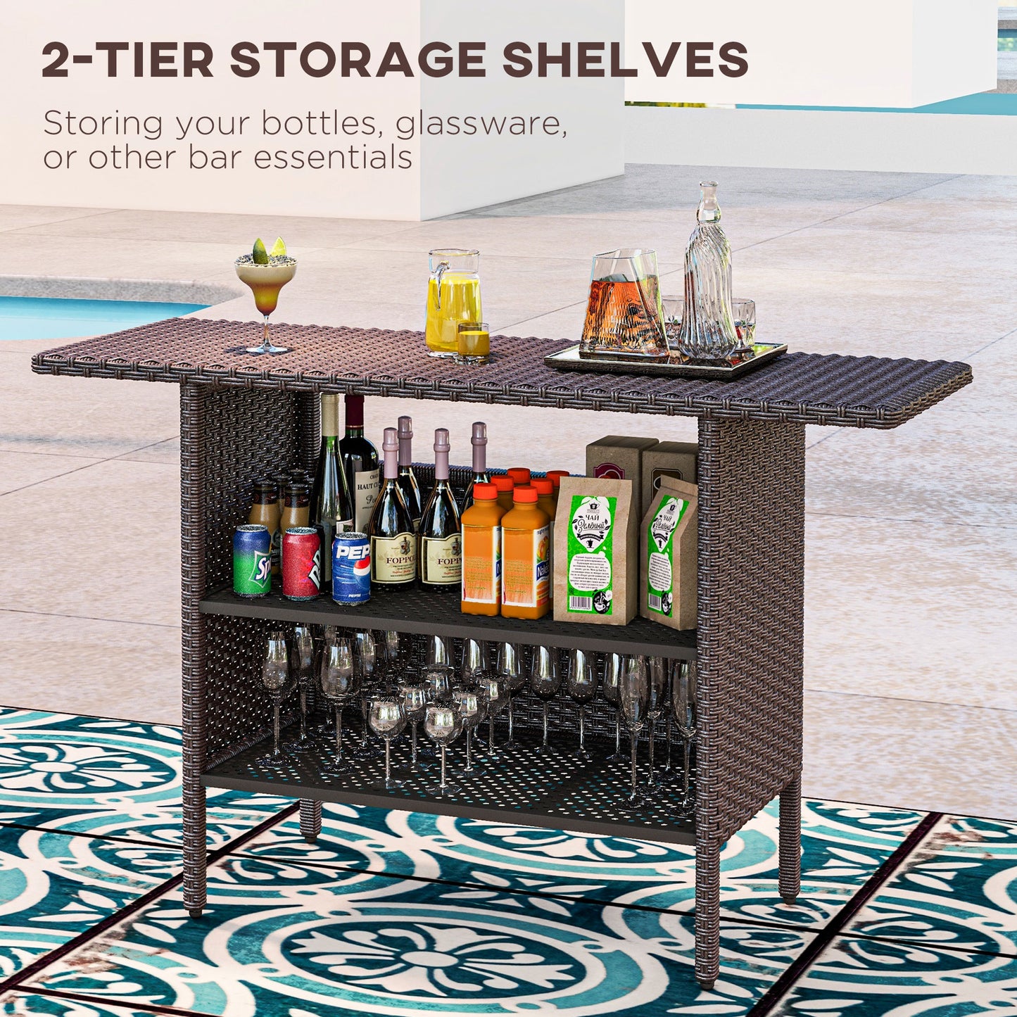 Bar Height Outdoor Rattan Table, Patio Wicker Bar Table with 2 Storage Shelves, 55.1" x 18.5" x 37", Brown