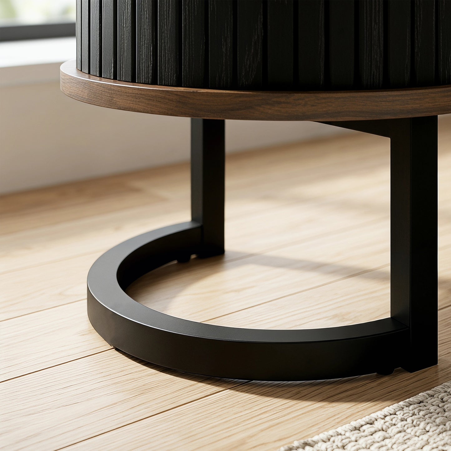 Sideboard Buffet Cabinet with Curved Tambour Doors, Thick Tabletop and Arc Metal Legs Brown and Black