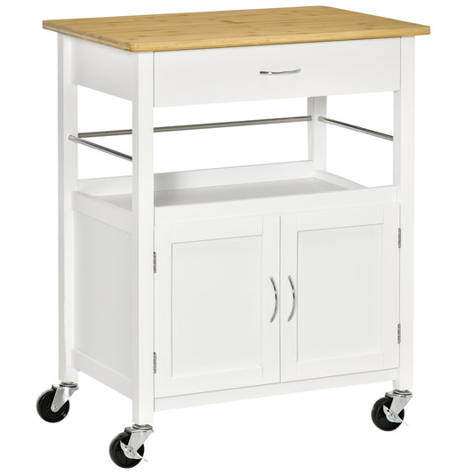 Kitchen Cart with Storage Drawer and Side Hooks - White
