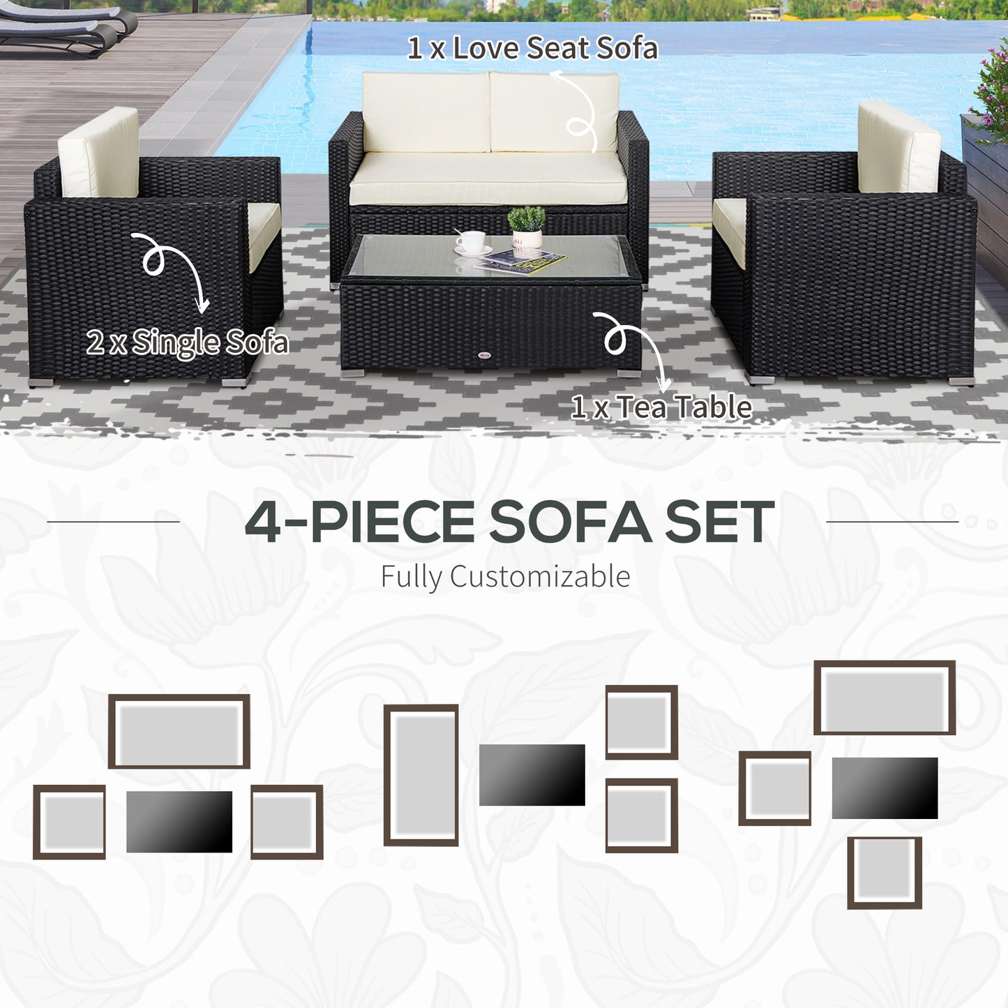 4 Pieces Sectional Patio Furniture Set, Rattan Wicker Patio Chairs Outdoor Coffee Set with Cushions, Cream White