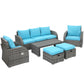 6 Pieces Patio Furniture with Cushions, PE Wicker Sectional Furniture Conversation Set with a 3-Seat Sofa, 2 Recliner Chairs, 2 Footstools, Table, Sky Blue