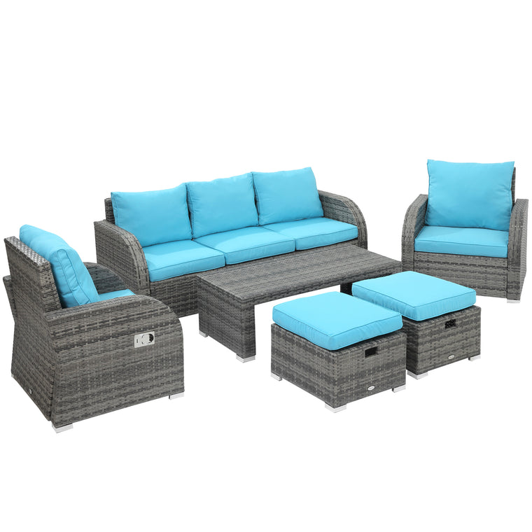 Sky Blue 6-Piece Wicker Sectional Set with Recliners