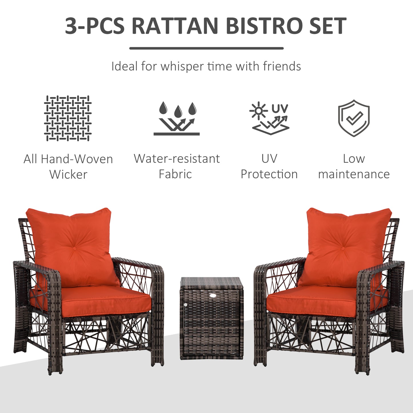 3 Pieces Wicker Patio Furniture Set, Rattan Bistro Set with Storage Coffee Table and Thickened Cushions, Outdoor Conversation Set for Garden, Porch, Balcony, Red