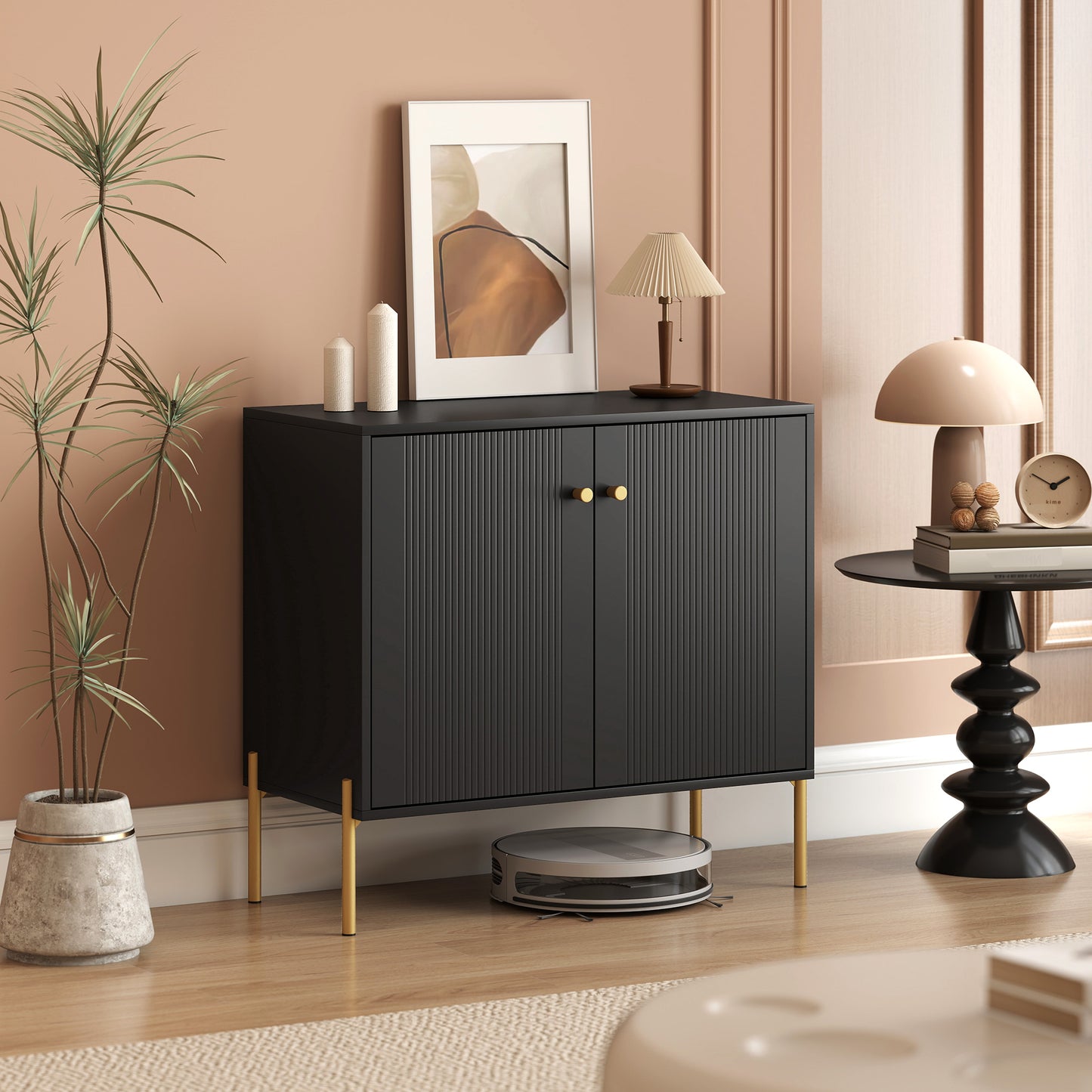 Sideboard, Modern Buffet Cabinet, Coffee Bar Cabinet with Fluted Doors and Adjustable Shelf, Black