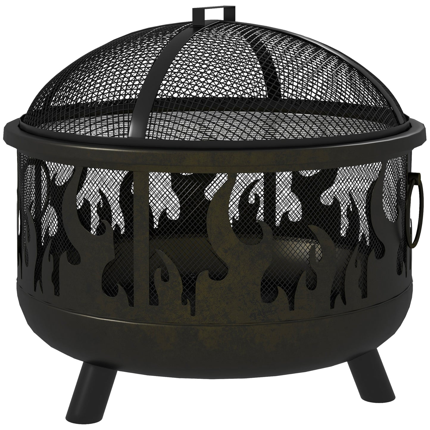 Outdoor Metal Fire Pit, 24" Round Firepit Bowl w/ Lid Grill Poker Handles for Garden, Camping, BBQ, Bonfire, Black