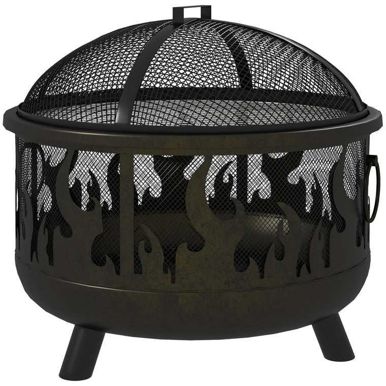 Black 24" Round Metal Fire Pit with Grill Lid & Poker