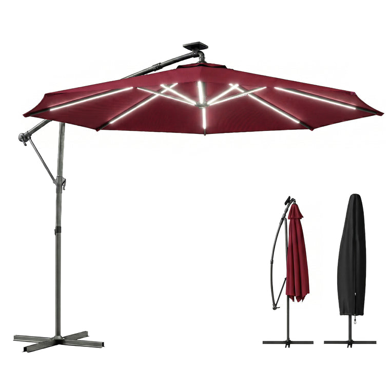 10' Wine Red Offset Umbrella with Solar Light & 360° Rotation