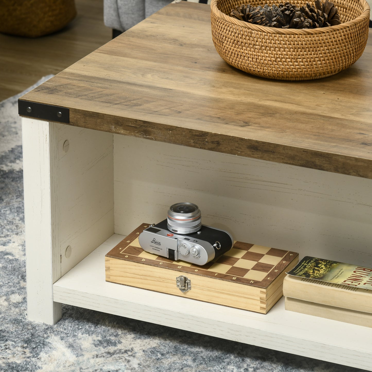 Industrial Coffee Table Side End Table with Drawer, Open Storage Shelf, Modern Farmhouse Furniture, for Living Room, Dining Room, Office, Brown