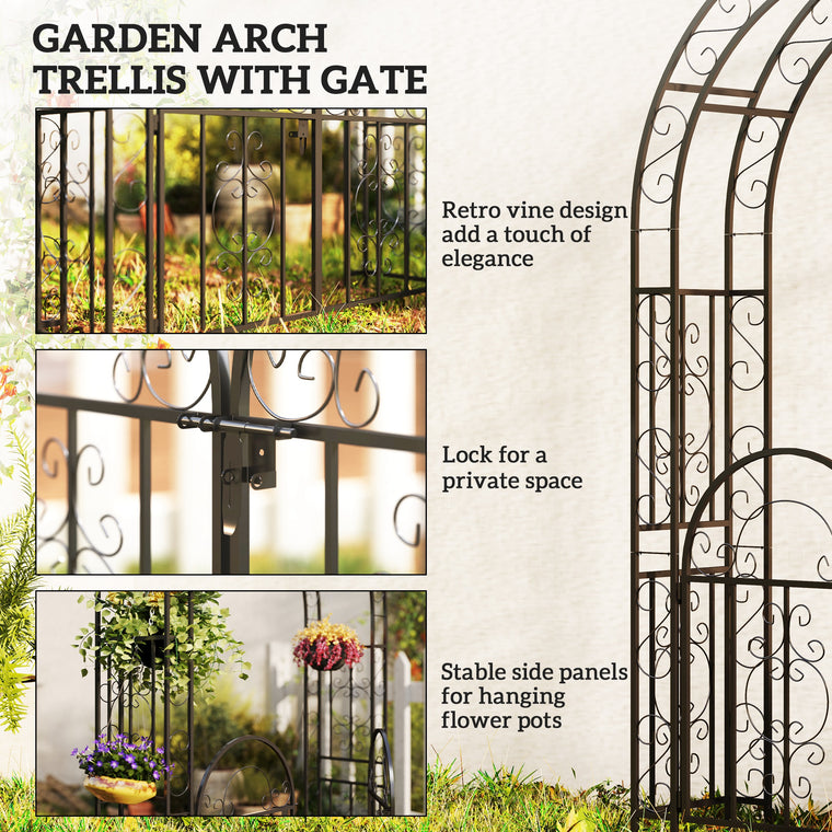 7.4' Black Steel Garden Arch with Gate & Trellis