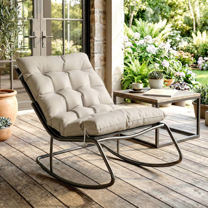 Outdoor Rocking Chair, Oversized Rocking Patio Chair with 25" Extra Wide Mesh Seat and Cushion, Dark Grey - Khaki