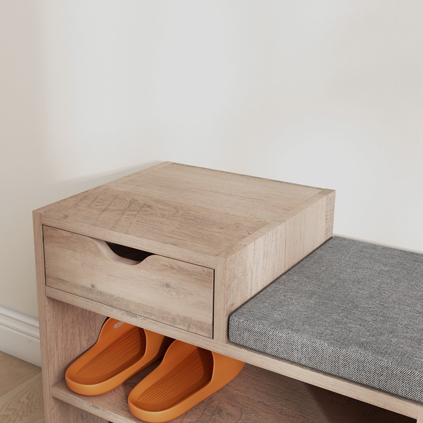 Upholstered Shoe Storage Bench, Hallway Shoe Storage with Seat, Drawer, 3 Open Shelves for Entryway, Grey