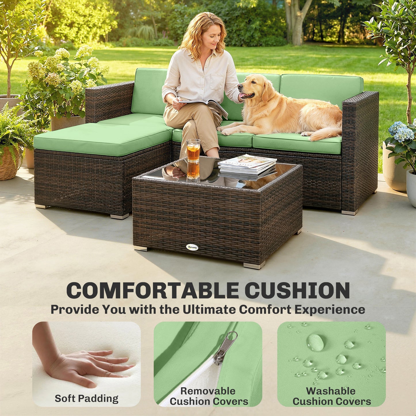 3 Pieces Patio Furniture Set with Cushions, Outdoor PE Rattan Wicker Conversation Corner Sofa Set, Light Green