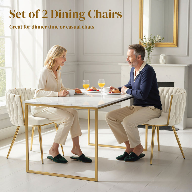 Velvet Dining Chairs Set of 2 with Woven Backrest - Cream White
