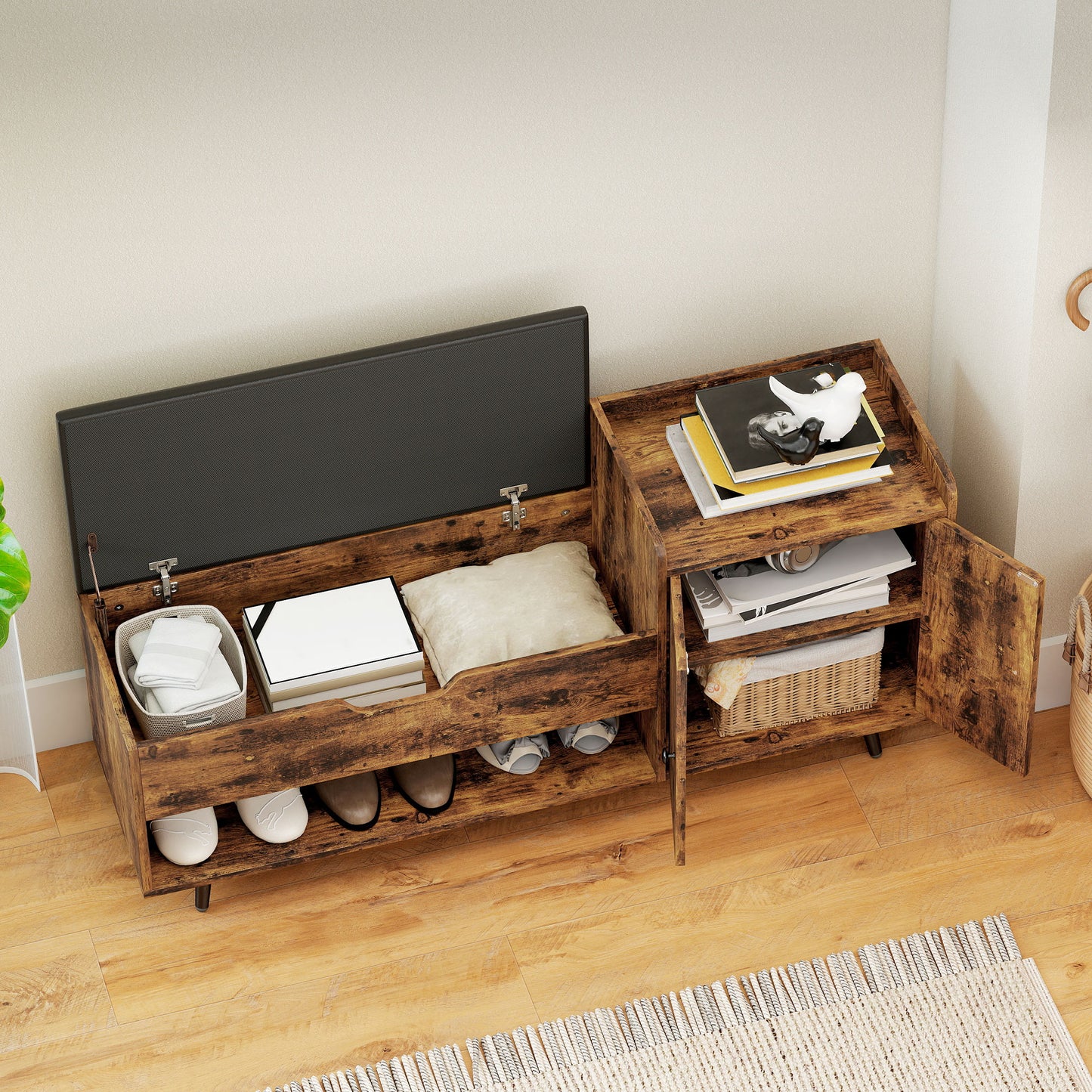 Storage Bench, Entryway Bench with Cushion, Hidden Storage, Compartments, Rustic Brown
