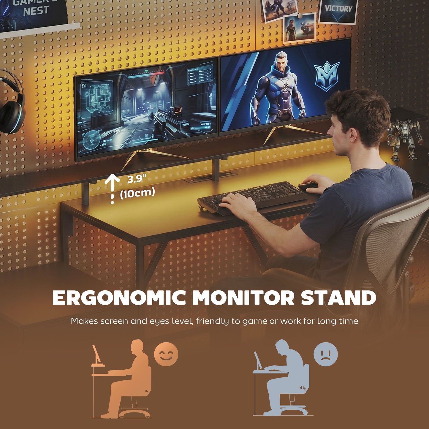 76" Gaming Desk, Reversible Computer Table with RGB Lights, USB Ports, Monitor Stand and 2 Fabric Drawers, Black