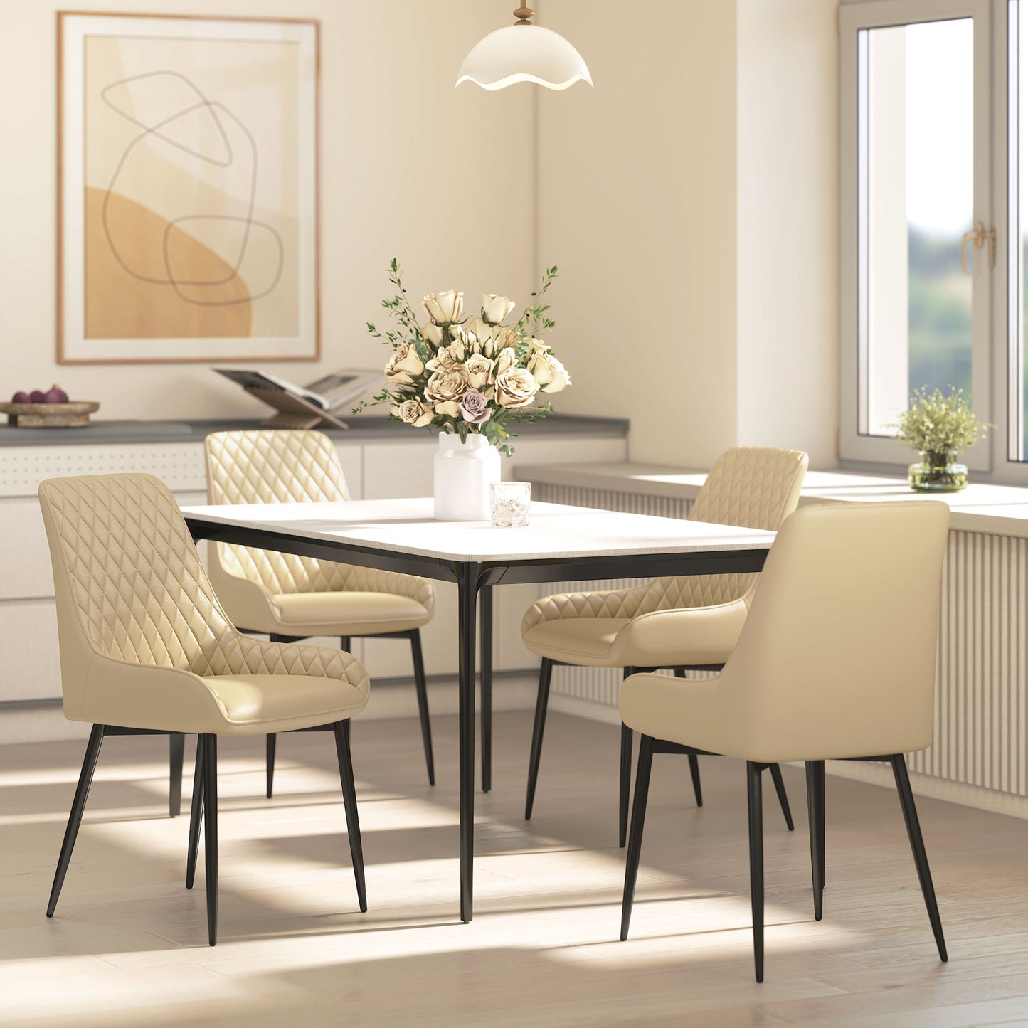 Upholstered Kitchen Chairs, Modern Dining Chairs Set of 4 with Diamond Tufting and Steel Legs for Dining Room, Khaki