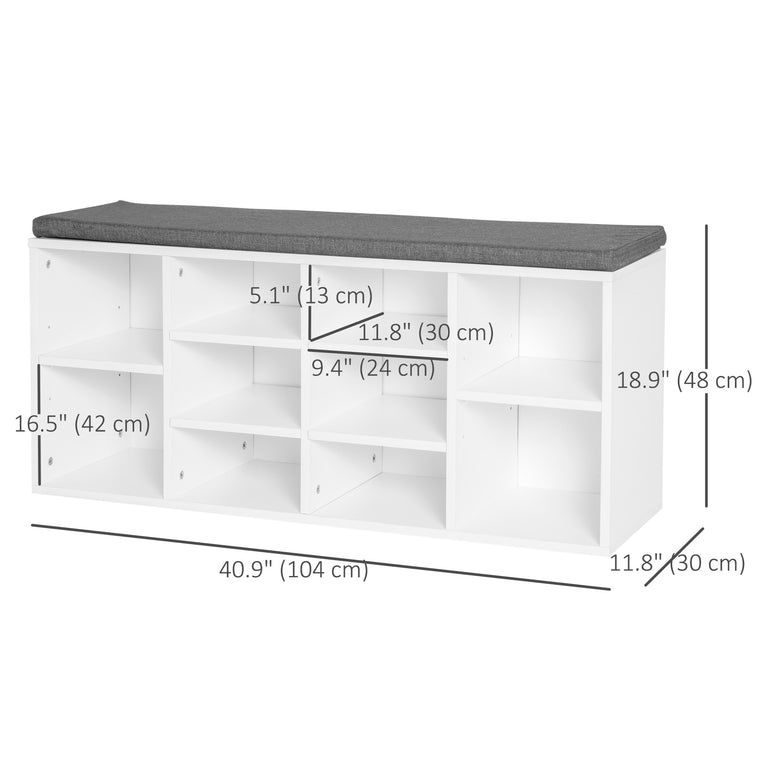 Upholstered Shoe Storage Bench with Adjustable Shelves - White