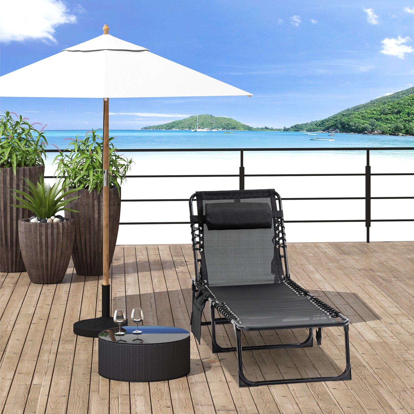 Outdoor Folding Chaise Lounge, Reclining Lounge Chair with Adjustable Backrest and Removable Pillow, Black