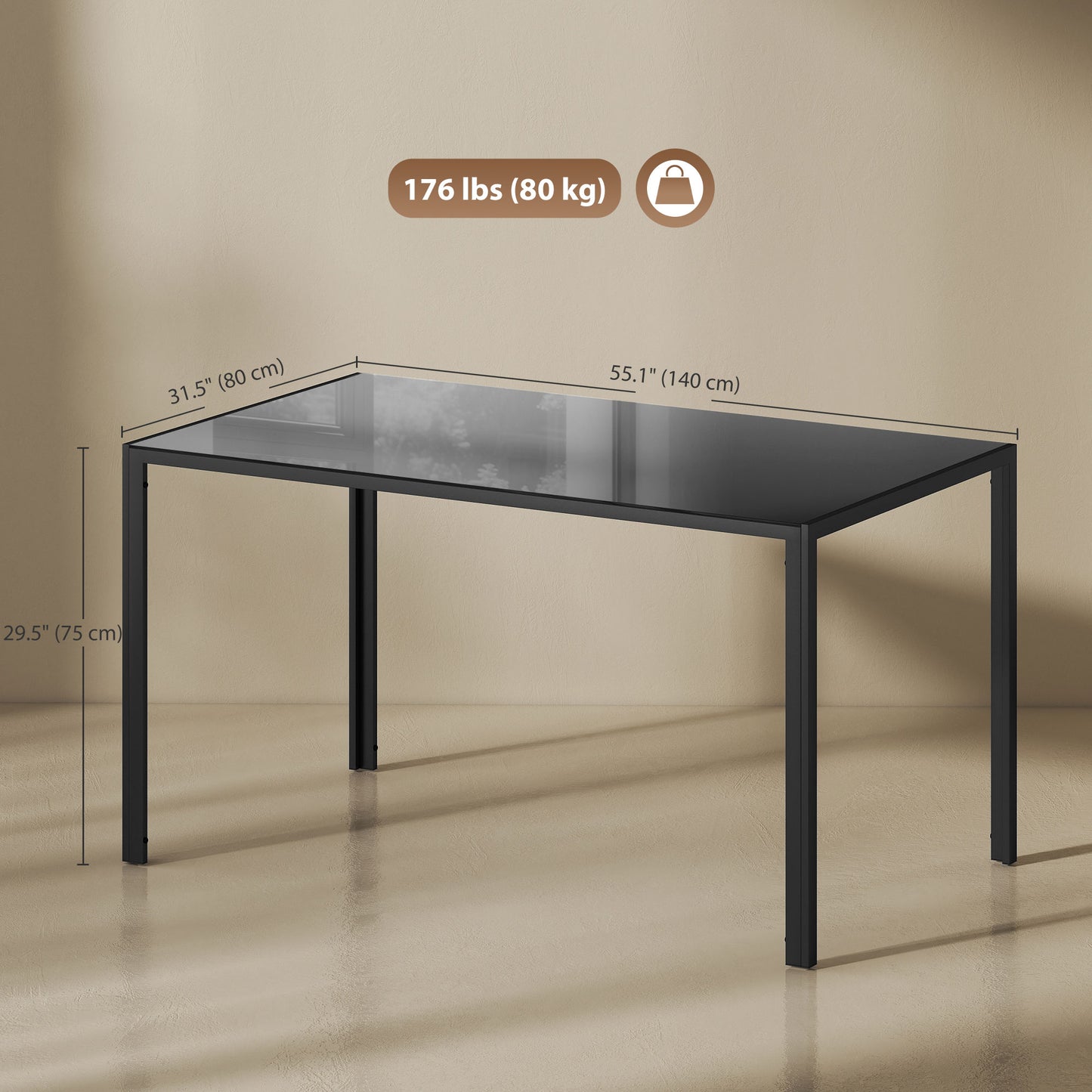 Rectangular Kitchen Table for 4 People, Dining Table with Tabletop Tempered Glass for Dining Room, Living Room, Black