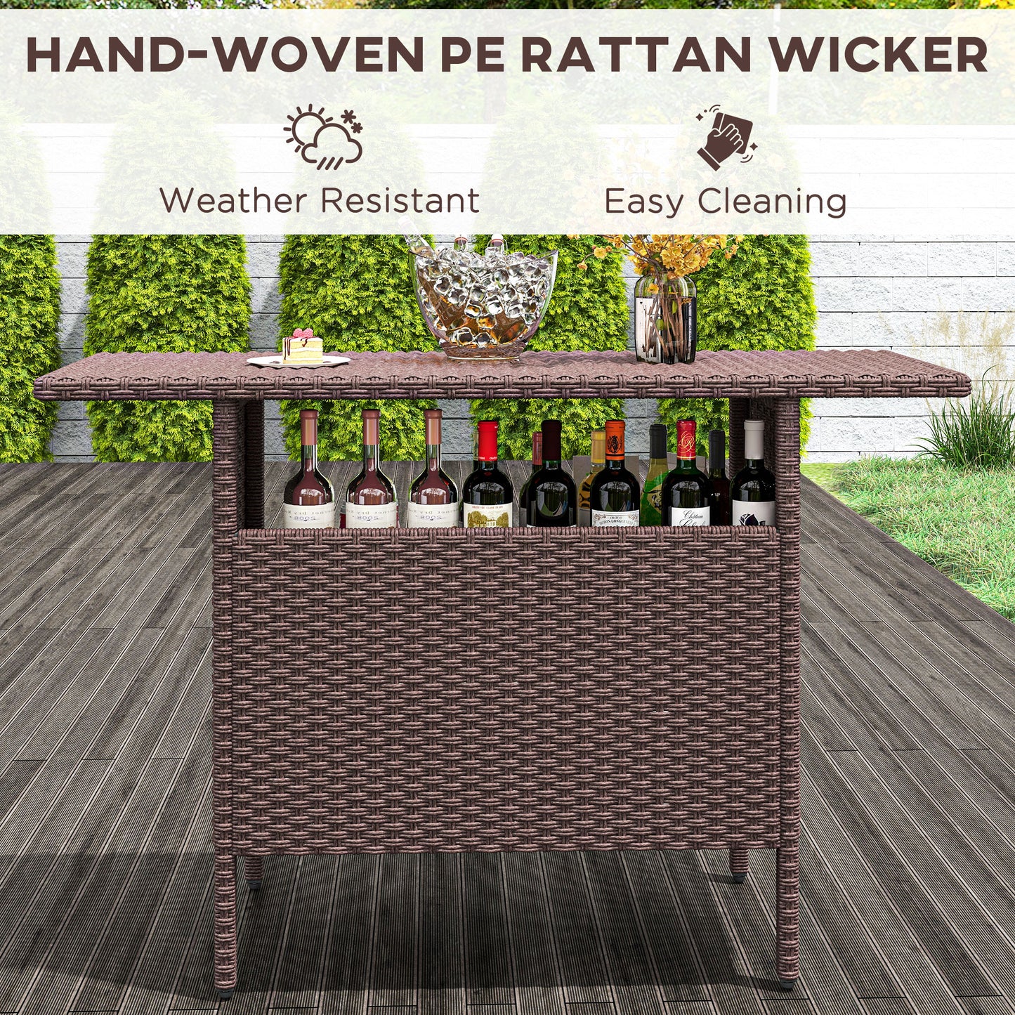 Bar Height Outdoor Rattan Table, Patio Wicker Bar Table with 2 Storage Shelves, 55.1" x 18.5" x 37", Brown