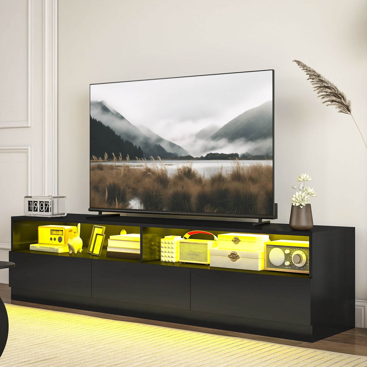 LED Lighted TV Stand for TVs up to 75", Modern TV Cabinet with Storage Drawers for Living Room, High Gloss Black