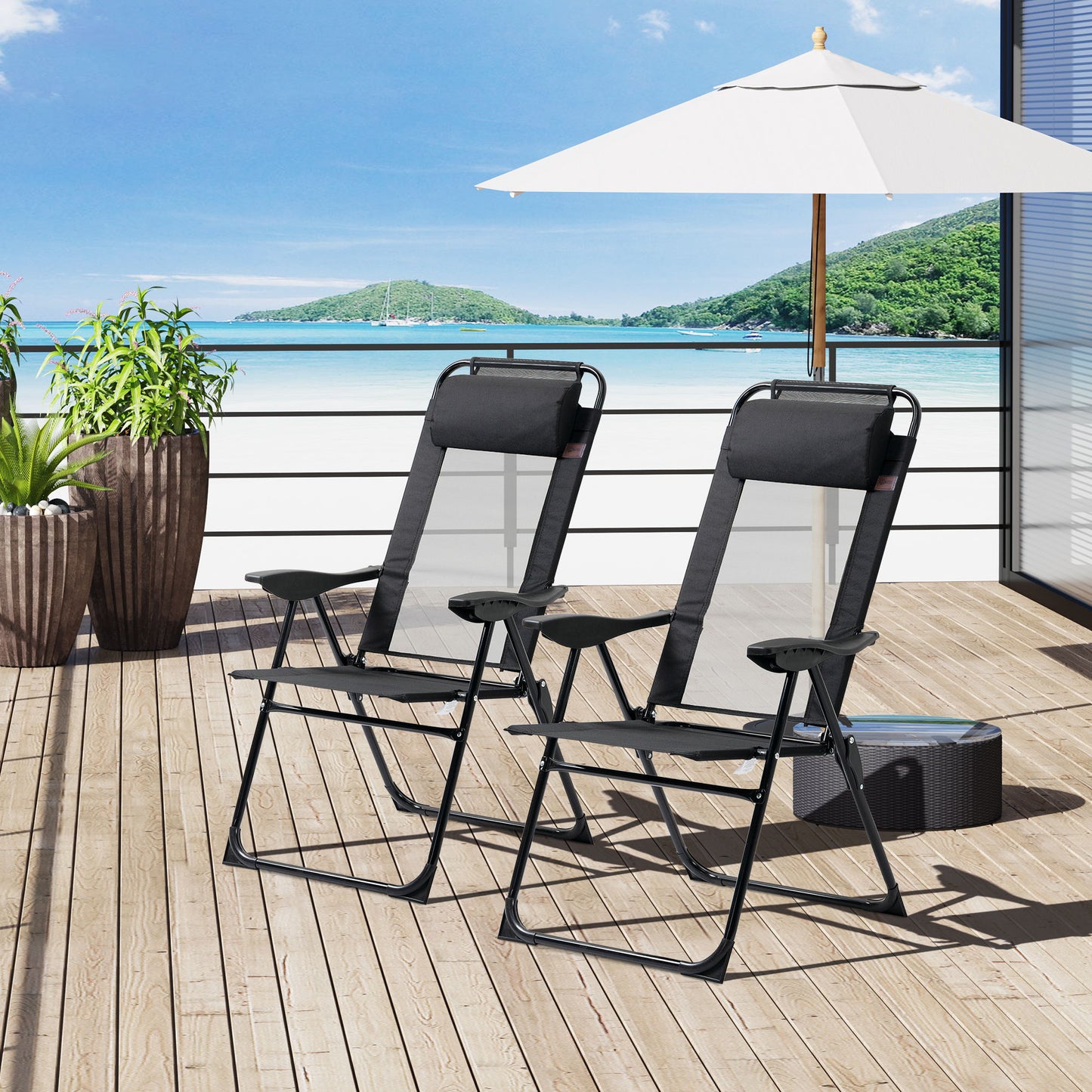 Set of 4 Camping Chairs, Outdoor Folding Lounge Chair Set with 5 Level Adjustable Backrest, Removable Headrest, Armrest for Camping, Backyard, Black