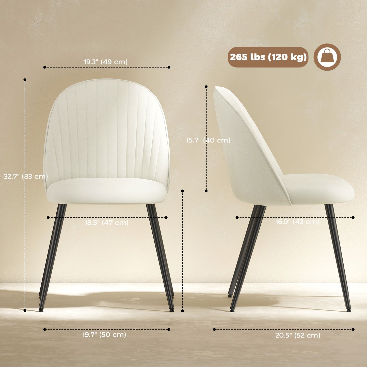 Set of 4 Modern Dining Chairs, Velvet Upholstered Kitchen Chairs with Steel Legs for Living Room, Cream White