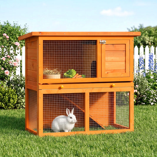 Wooden Rabbit Hutch, Indoor Outdoor Bunny Cage with Run, 2- Level Guinea Pig House with Slide-Out Tray, Waterproof Roof, Yellow