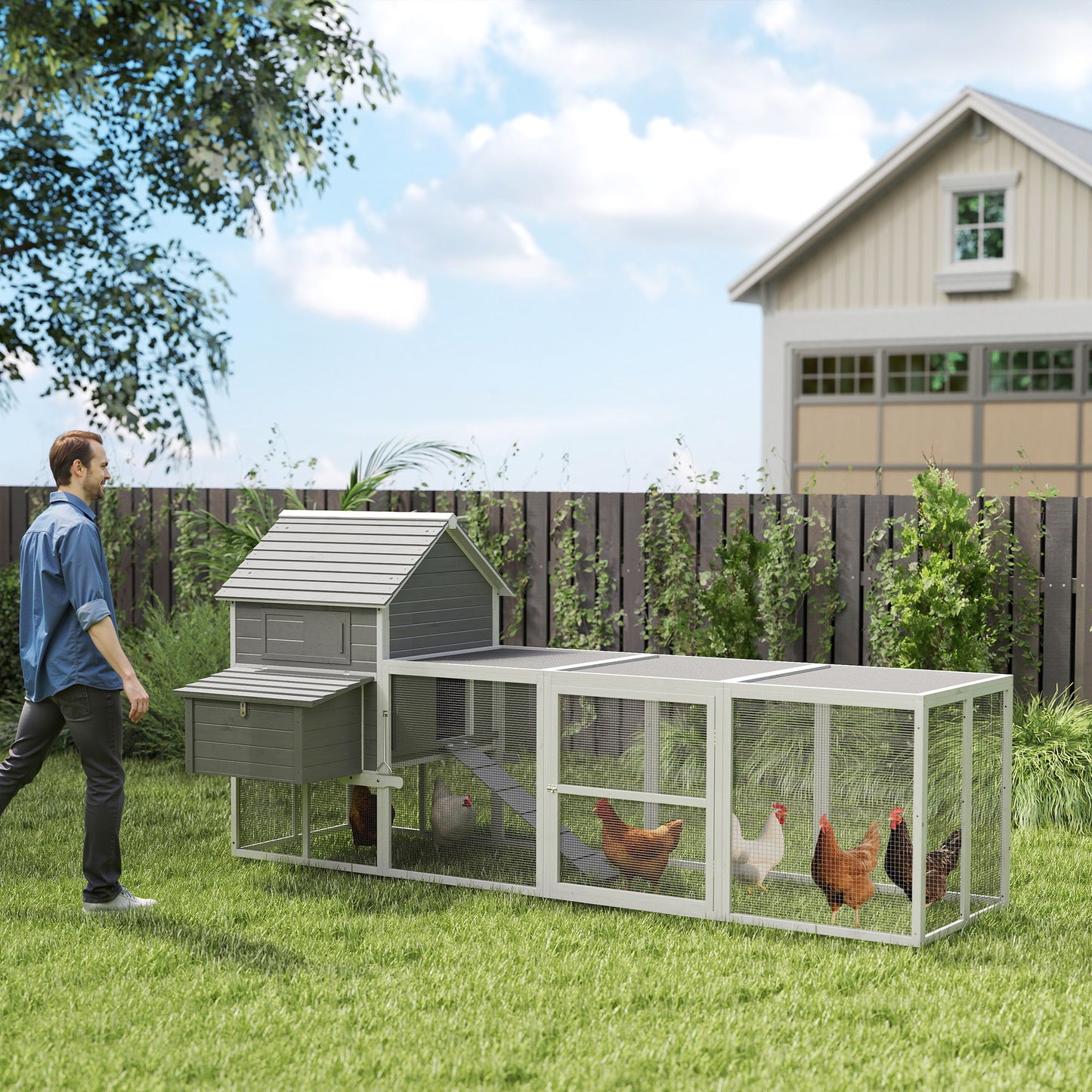 Wooden Chicken Coop with Nesting Boxes, Run, Doors, Tray, Ramp for 4-6 Chickens