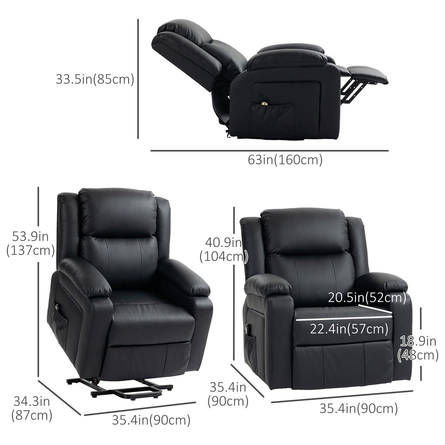 PU Leather Power Lift Recliner with Remote - Black