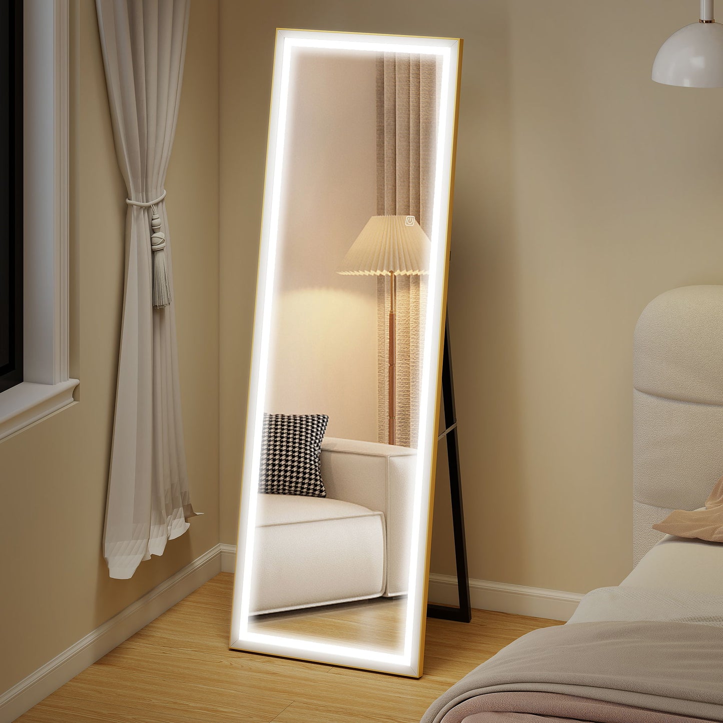 LED Mirror with Dimmable and 3 Colour Lights, 64" x 21" Rectangular Floor Mirror for Bedroom Living Room, Gold