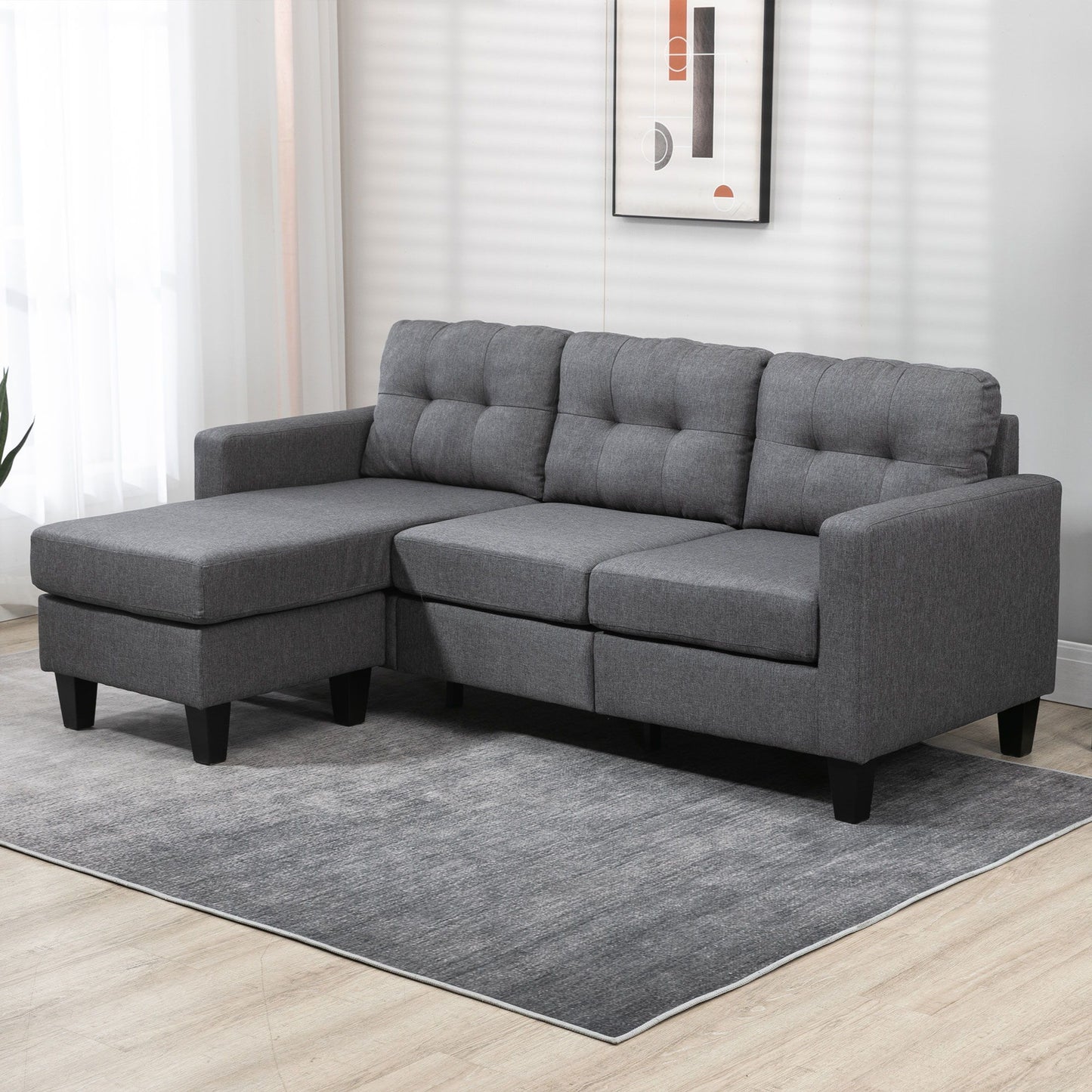 L-shaped Sofa, 3 Seater Couch with Ottoman, Corner Sofa with Thick Padded Cushion and Wood Legs, Dark Grey