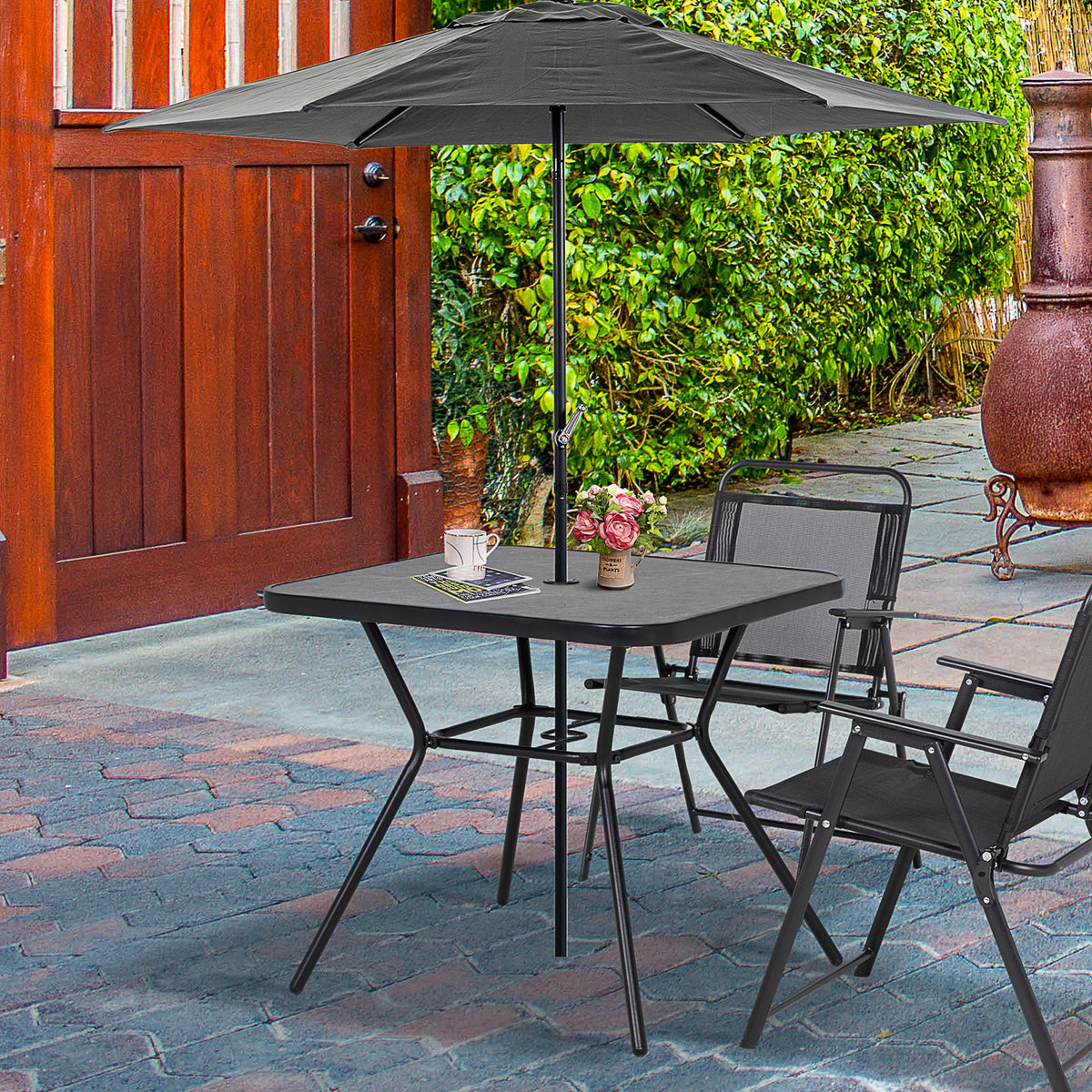 Square Outdoor Table, Patio Bistro Coffee Table with Faux-marbled Top and 42mm Umbrella Hole for Garden, Dark Grey