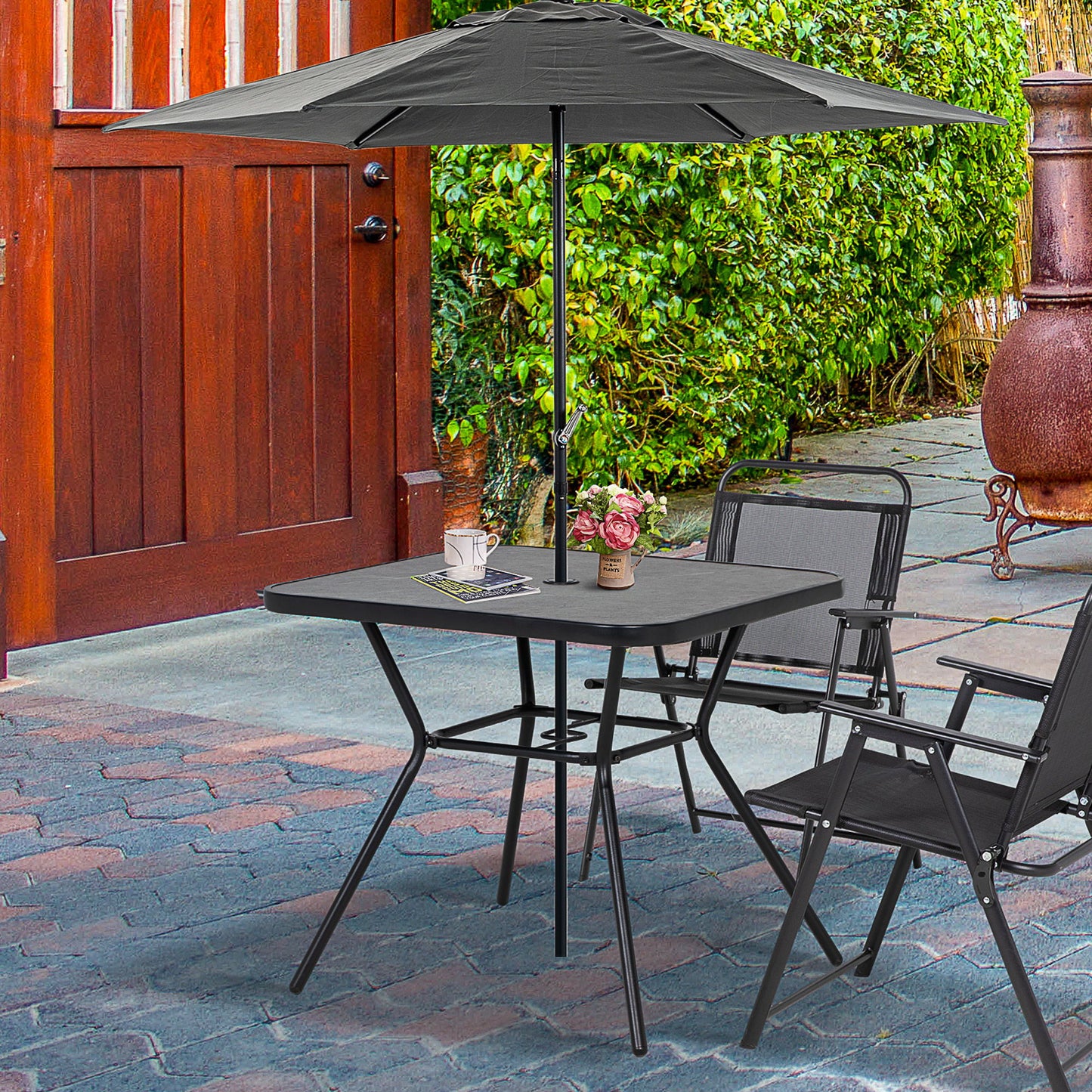 Square Outdoor Table, Patio Bistro Coffee Table with Faux-marbled Top and 42mm Umbrella Hole for Garden, Dark Grey