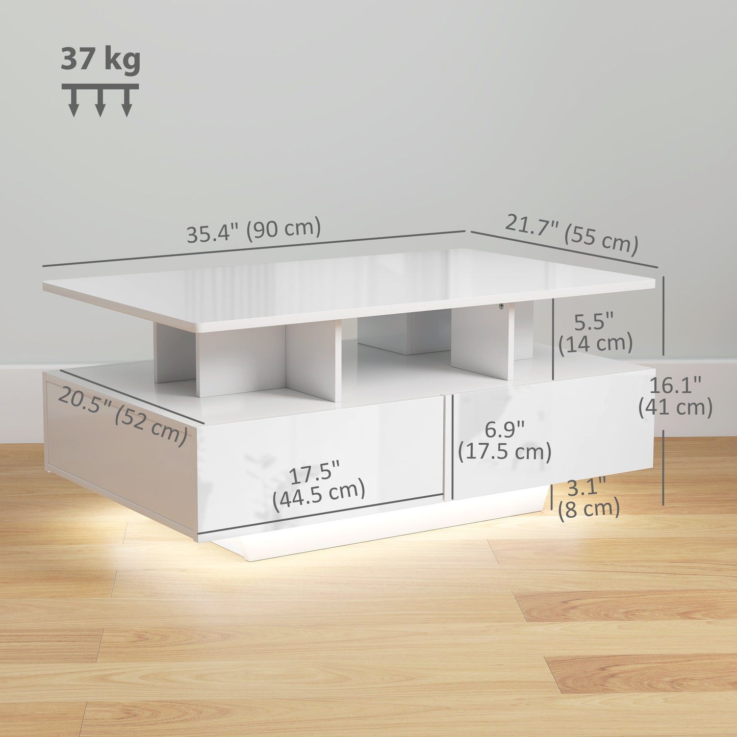 RGB LED Coffee Table with 4 Drawers - High Gloss White