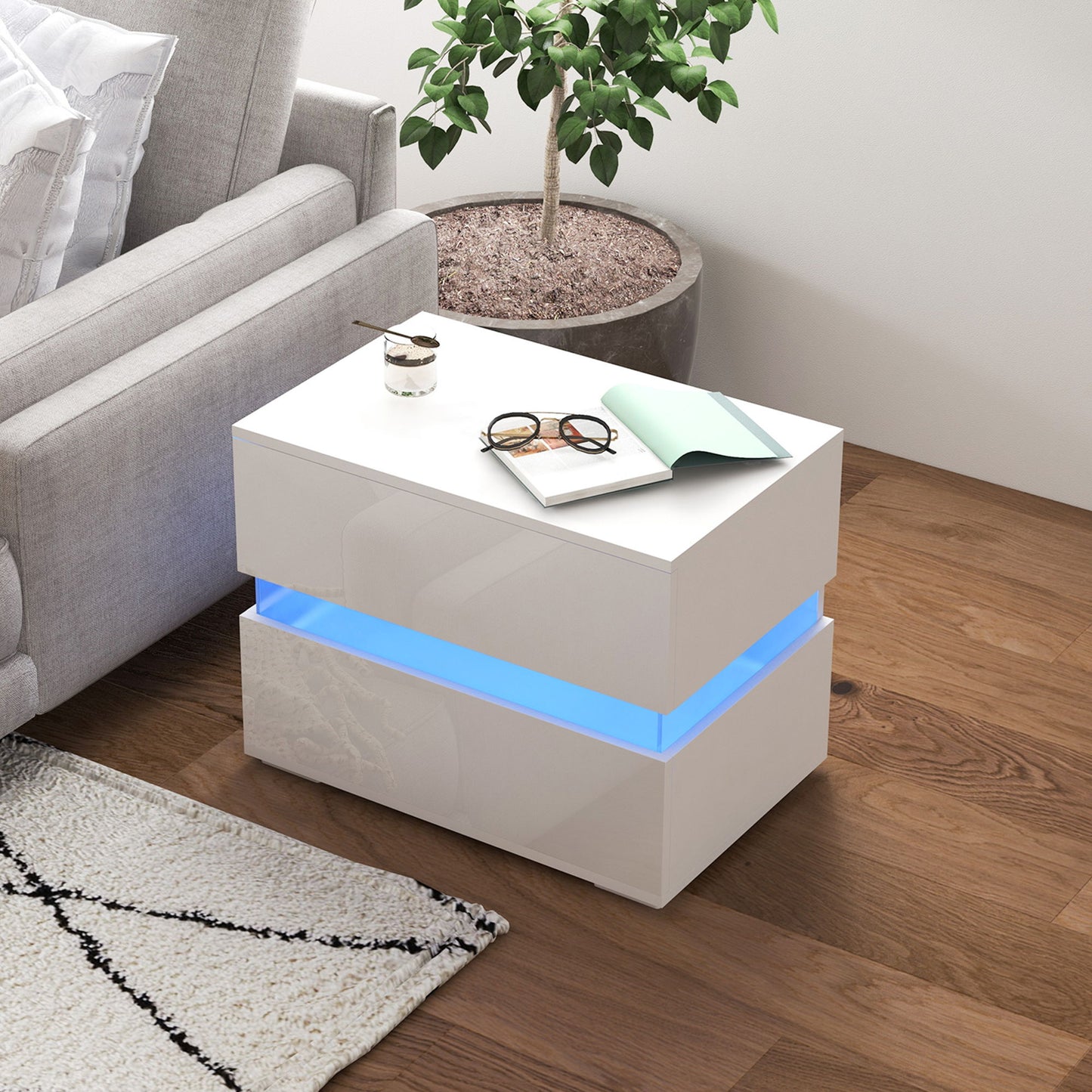 Modern Nightstand, Bedside Table with 2 Drawers, USB Powered RGB LED Lights for Bedroom, White