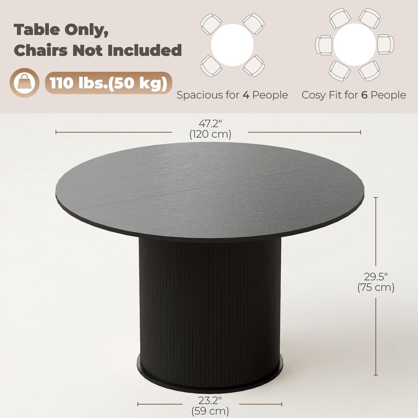 47" Round Dining Table with Fluted Pedestal Base - Black