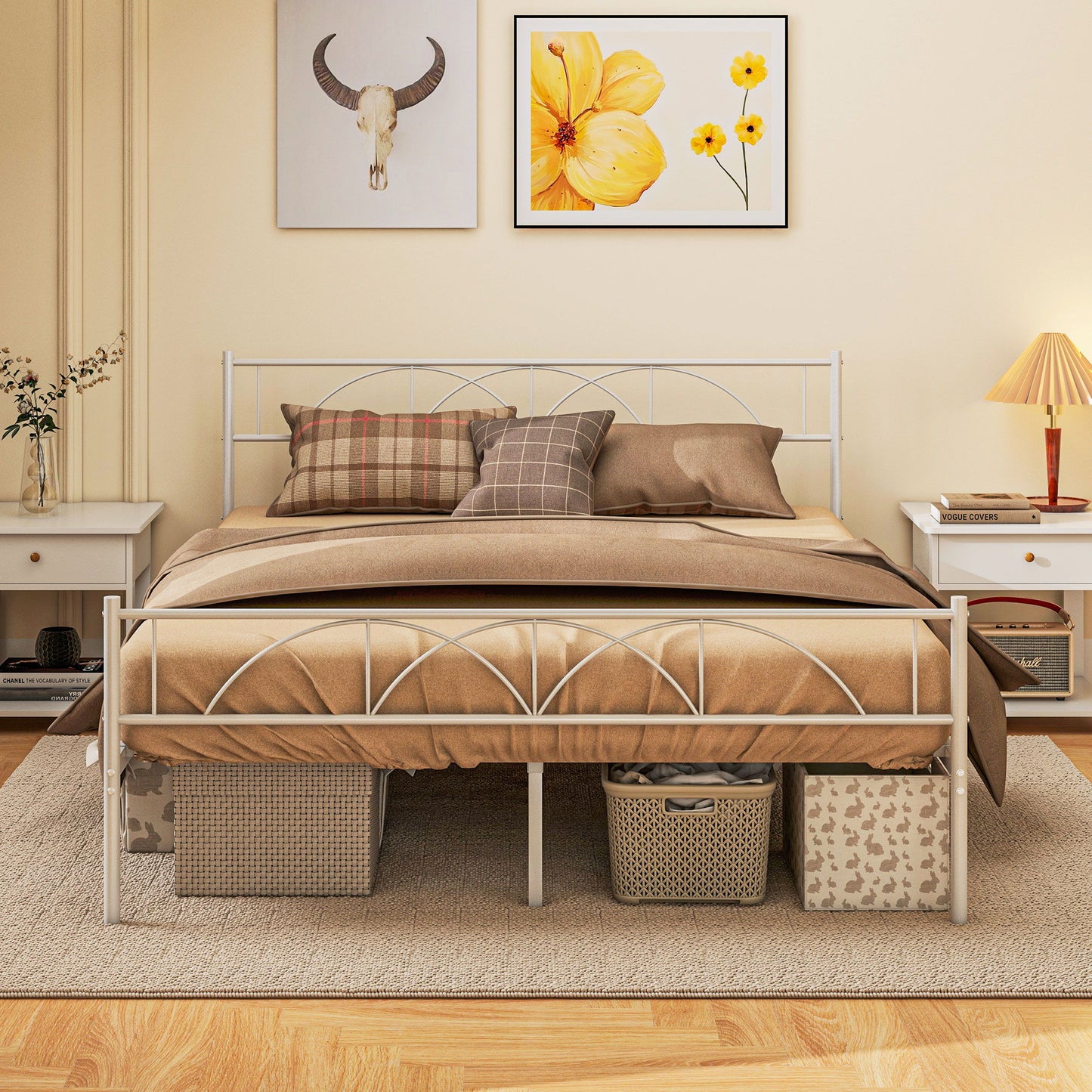 Metal Full Platform Bed Frame with Headboard, Steel Slat Support, Underbed Storage, No Box Spring Needed, Easy Assembly