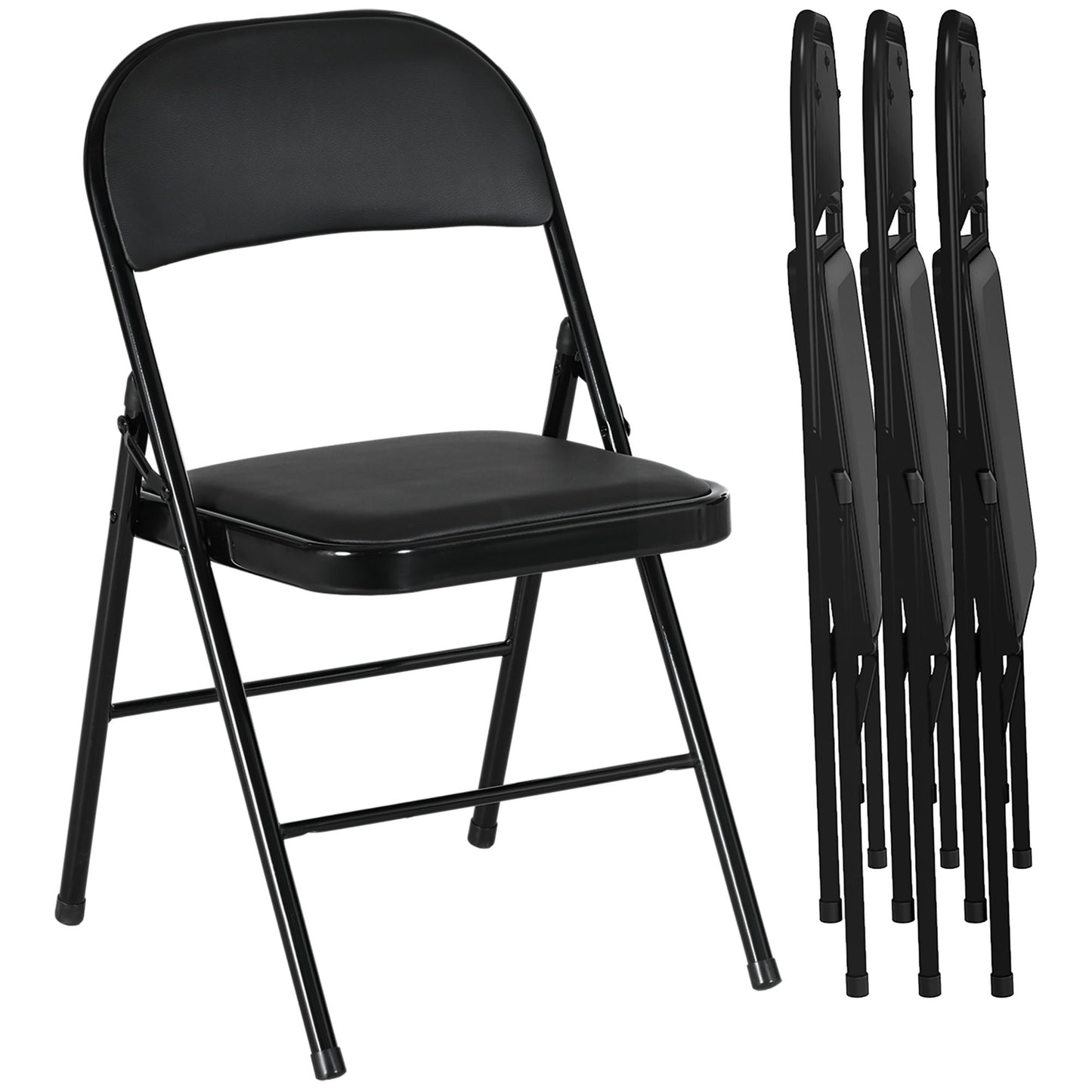 Set of 4 Metal Foldable Chairs, PU Leather Padded Folding Chairs with Cushion Seat and Open Back for Indoor, Black