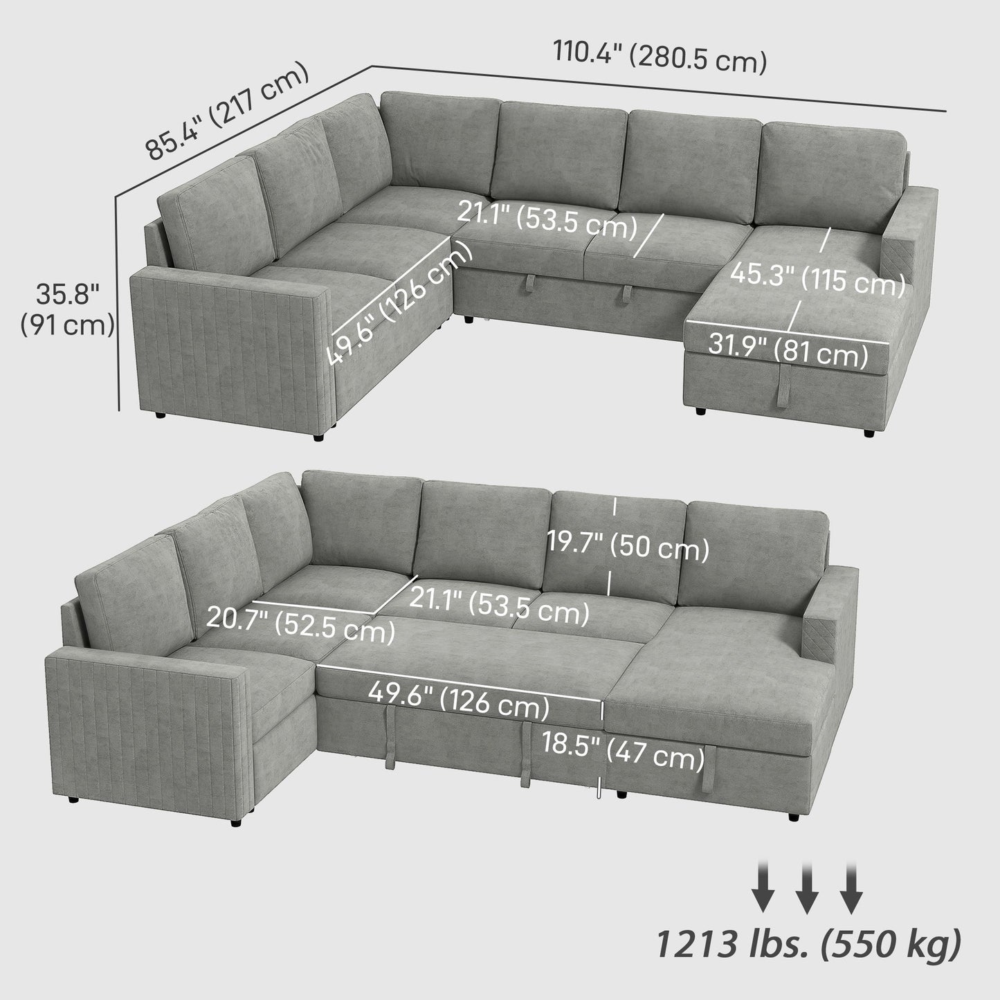 Pull Out Sofa Bed, Sleeper Sofa Couch with Hidden Storage, Chaise Lounge, Velvet Upholstery, U-Shaped Futon Couch