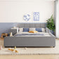 Full Size Upholstered Bed with Built-in Bedside Desk and Round Stool, Solid Bedboard with Plywood & MDF Frame, 80'' L x 68'' W x 29'' H, Gray