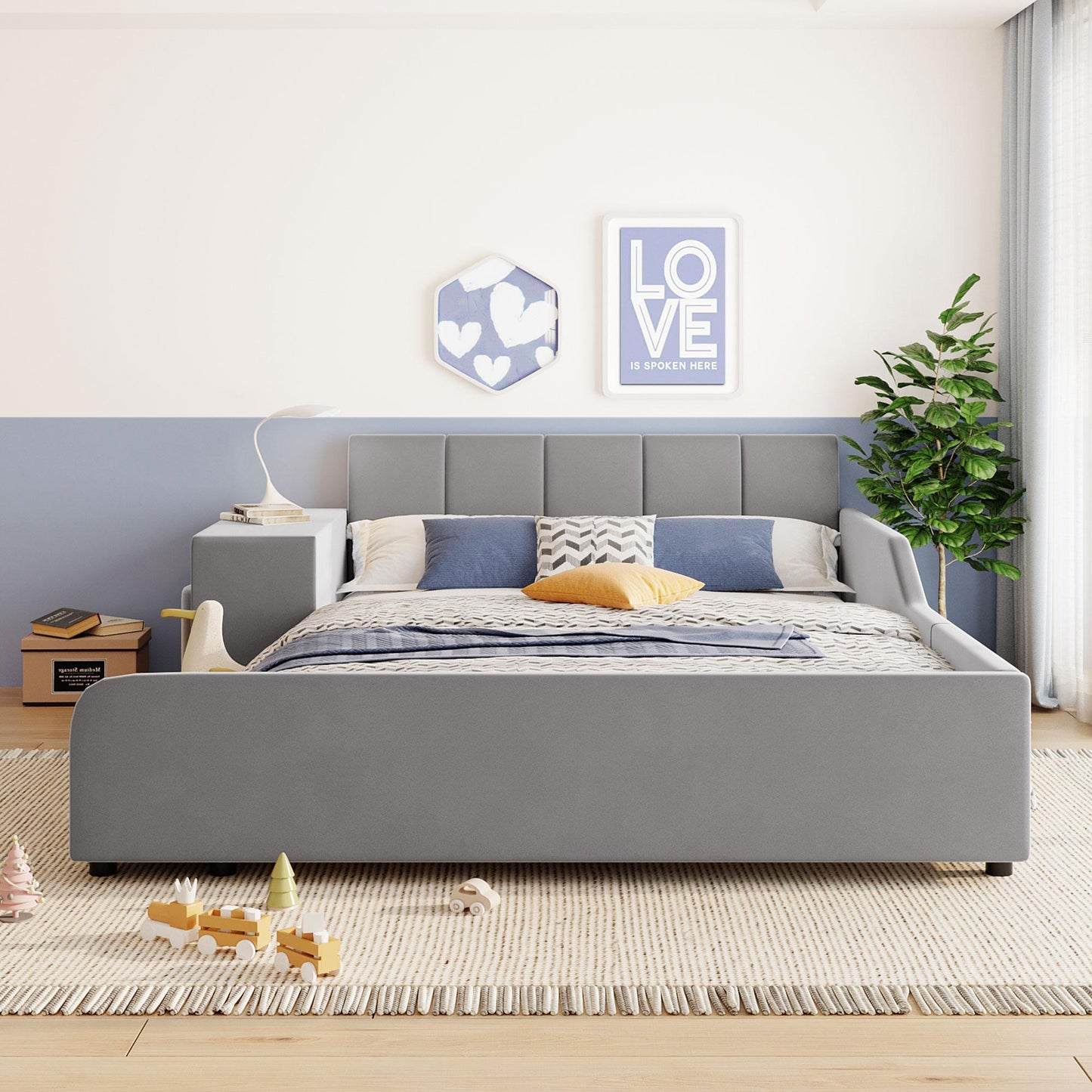 Full Size Upholstered Bed with Built-in Bedside Desk and Round Stool, Solid Bedboard with Plywood & MDF Frame, 80'' L x 68'' W x 29'' H, Gray
