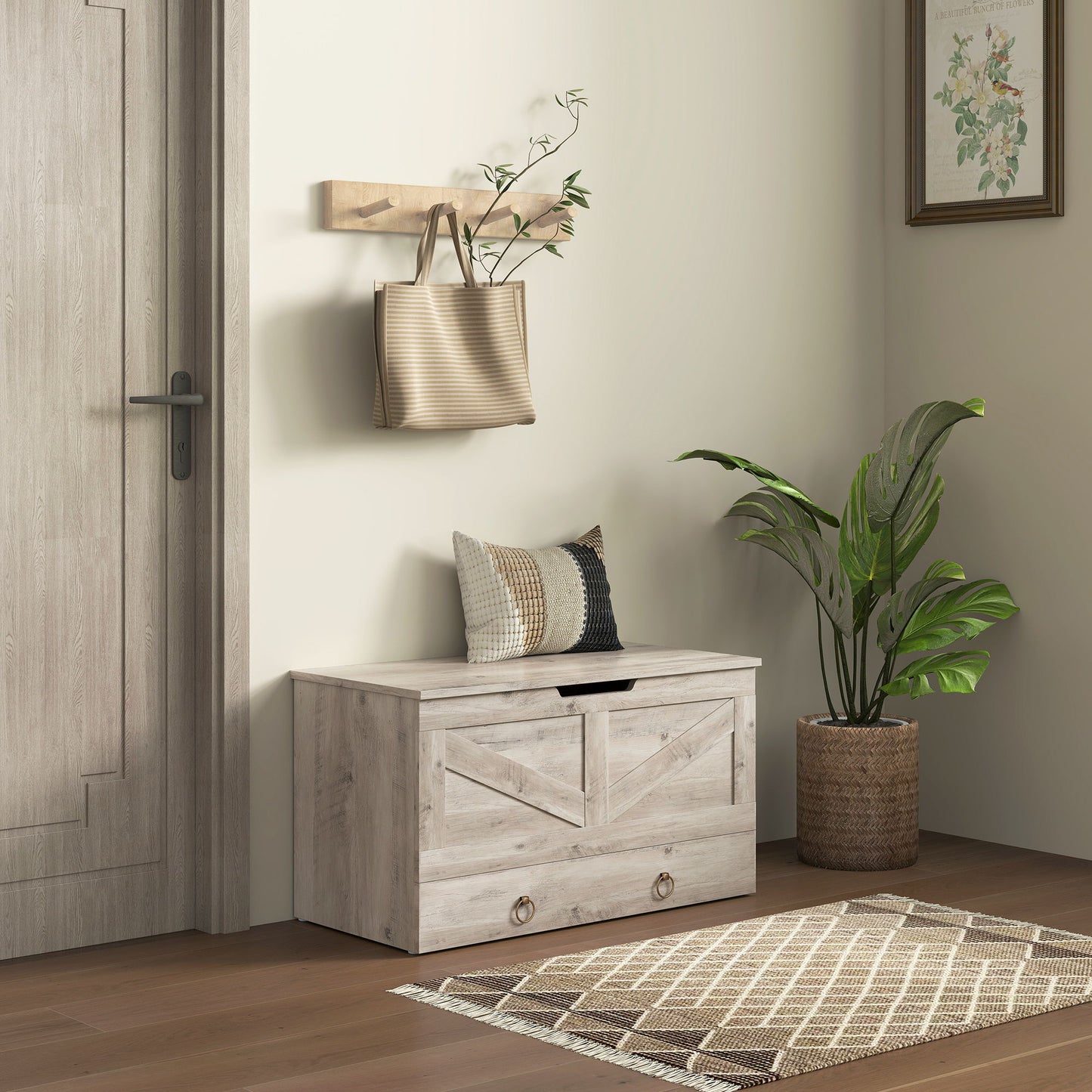 31.5 Inches Storage Chest, Storage Trunk with 2 Safety Hinges for Living Room, Grey Wood Grain