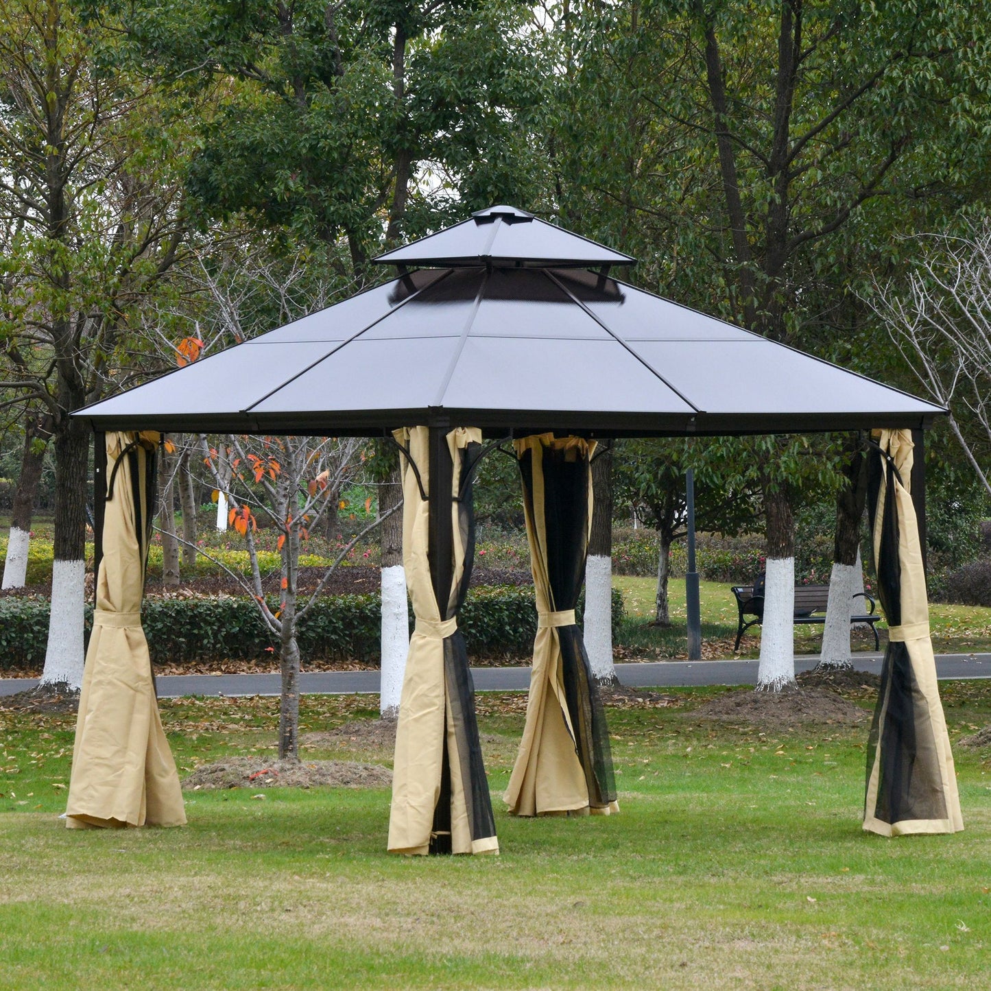 10' x 10' 2-Tier Outdoor Gazebo Canopy with Polycarbonate Roof, Curtains and Netting, for Garden, Deck, Beige