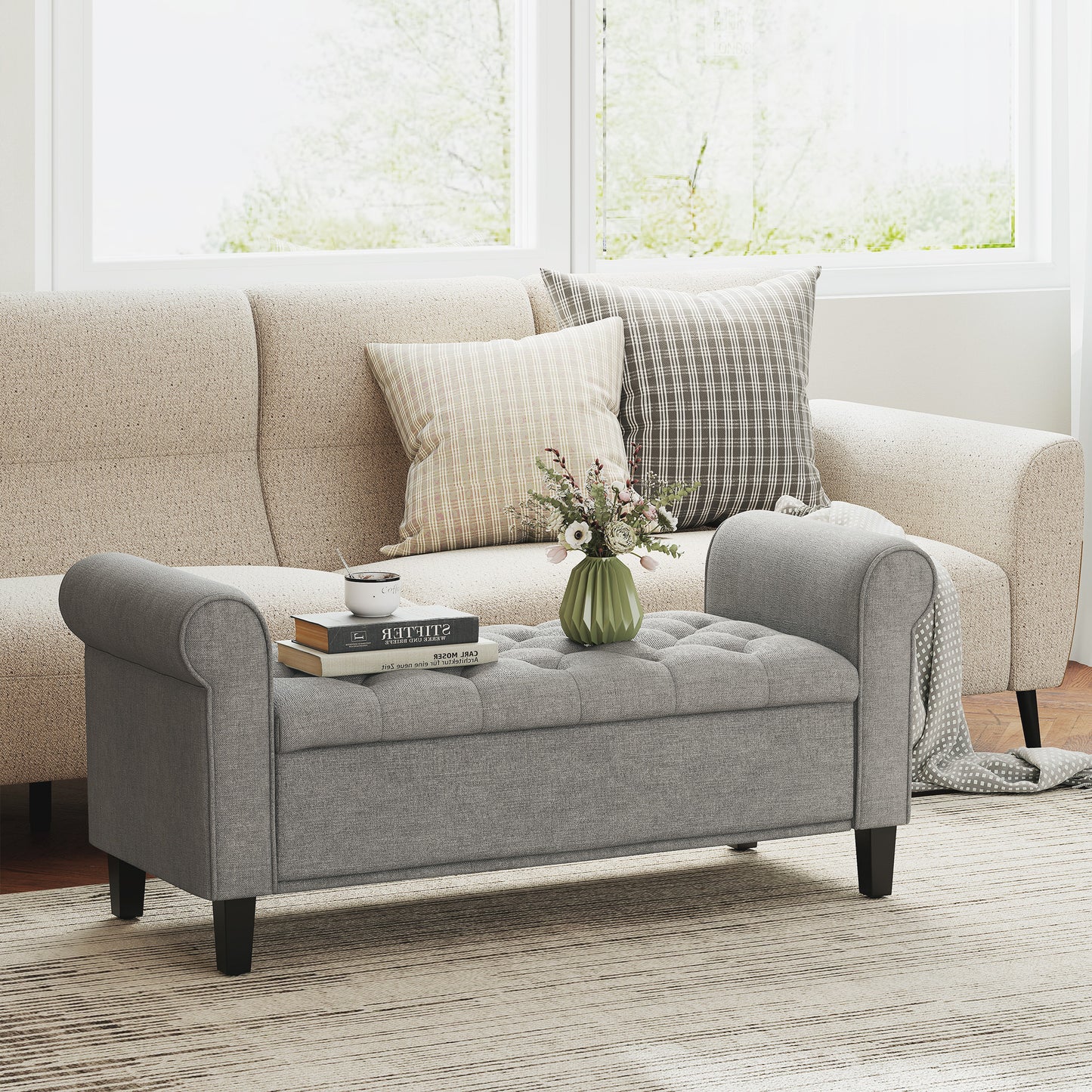 50 Inches Storage Ottoman, Upholstered Bedroom Bench with Rolled Arms and Button Tufted Storage, Light Grey