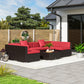 7 Pieces Patio Furniture Set, Rattan Conversation Set Garden Wicker Sofa Set with Washable Cushions and Coffee Table, for Deck Balcony Yard, Wine Red